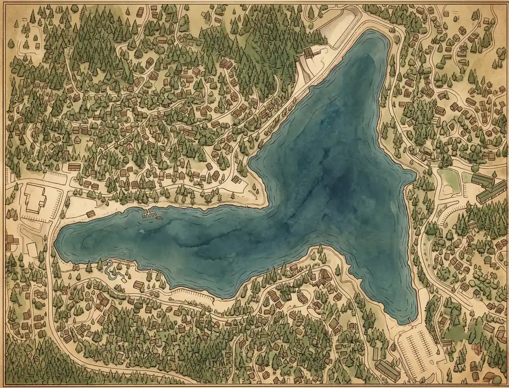 Illustrated map of Lake Gregory in Crestline, California