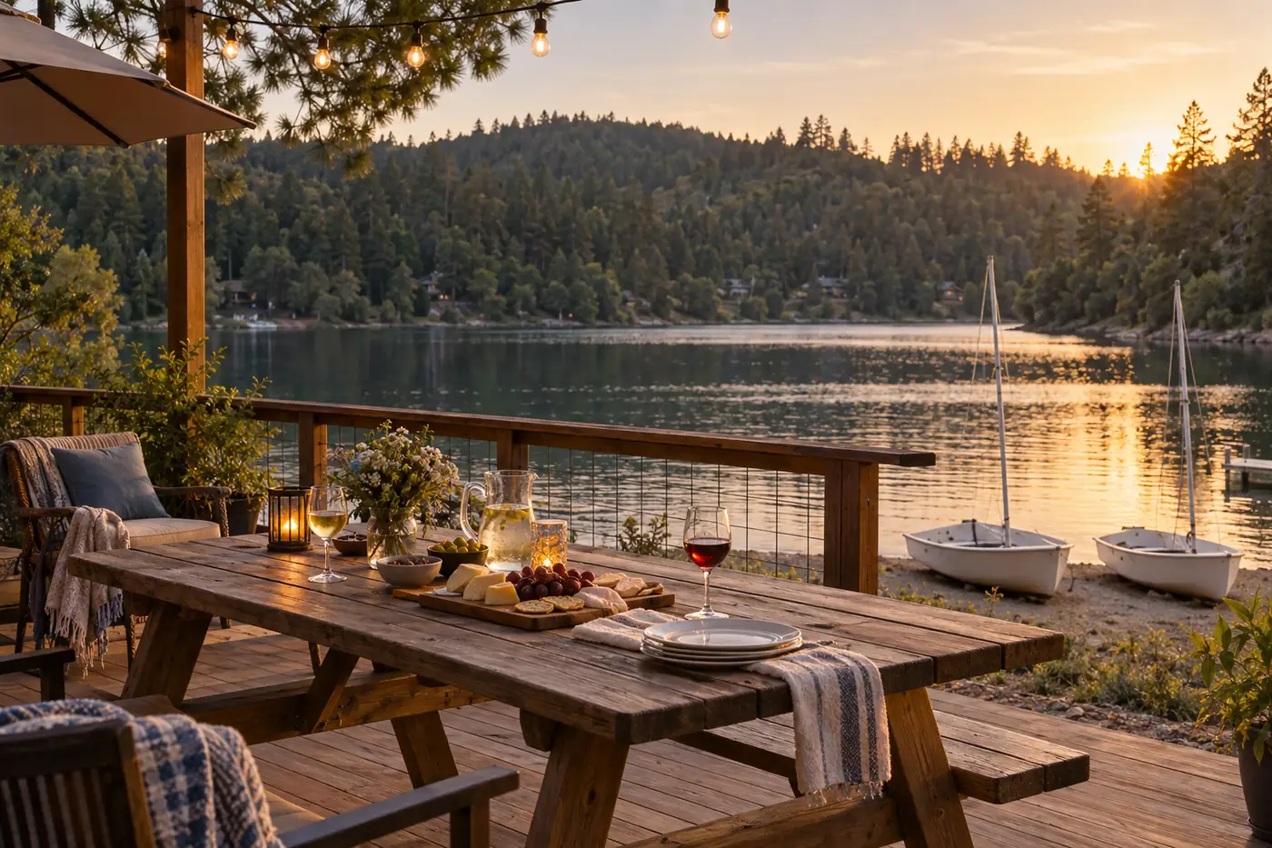 A lakeside deck set for an evening get-together, string lights over a pine-ringed lake
